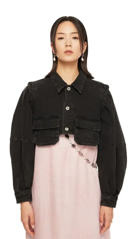 Puff Sleeves Black Denim Short Shirt Jacket online