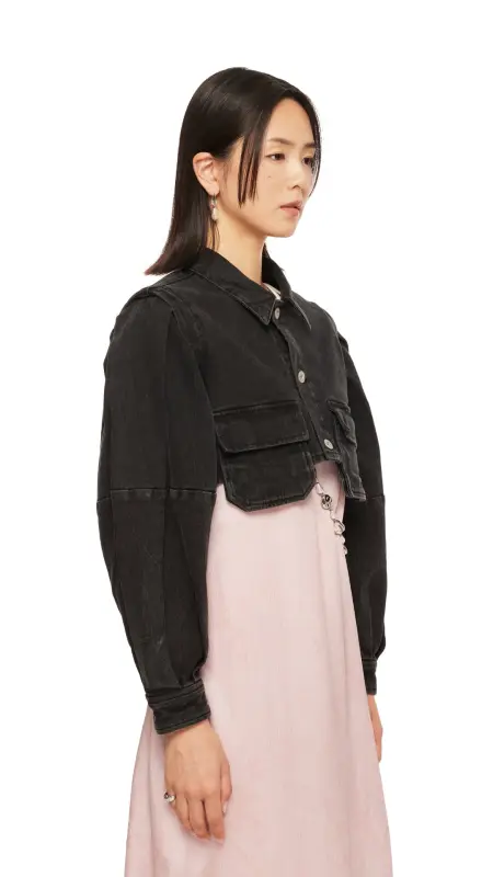 Puff Sleeves Black Denim Short Shirt Jacket online